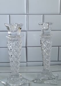 IMPERIAL ESTATE CRYSTAL Pair of Tapered Candle Stick Holders 8inH  Textured Stem